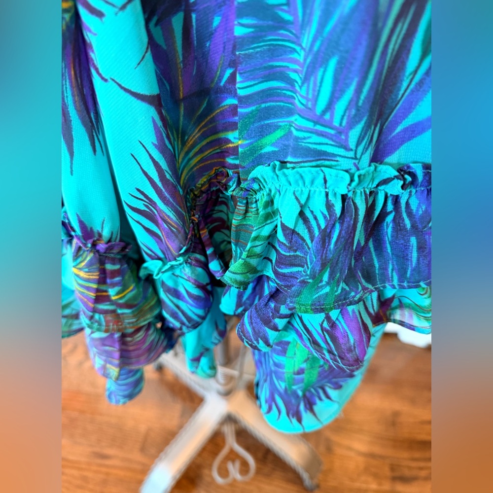 Y2K Tropical Palm Print Mini Dress Teal Chain Back Ruffle Hem Arden B XS - Picture 9 of 10